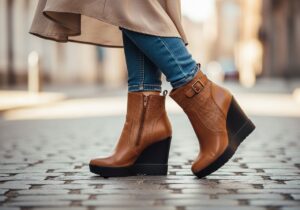 Žena v módních klínových botách na dlážděné ulici s rozmazaným městským pozadím.