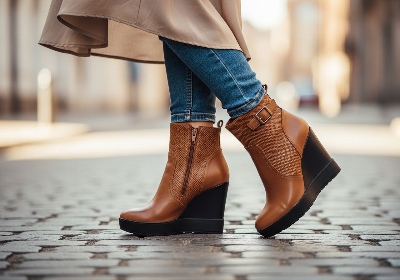 Žena v módních klínových botách na dlážděné ulici s rozmazaným městským pozadím.