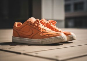 Oranžové tenisky na dřevěné podlaze s jemnými známkami opotřebení v rozmazaném městském pozadí