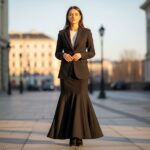 Stylová žena v sako a zvonové sukni stojí v městském prostředí za zlaté hodiny.