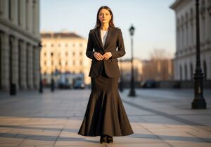 Stylová žena v sako a zvonové sukni stojí v městském prostředí za zlaté hodiny.