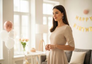 Mladá žena v elegantních šatech v obývacím pokoji připravující se na narozeninovou oslavu