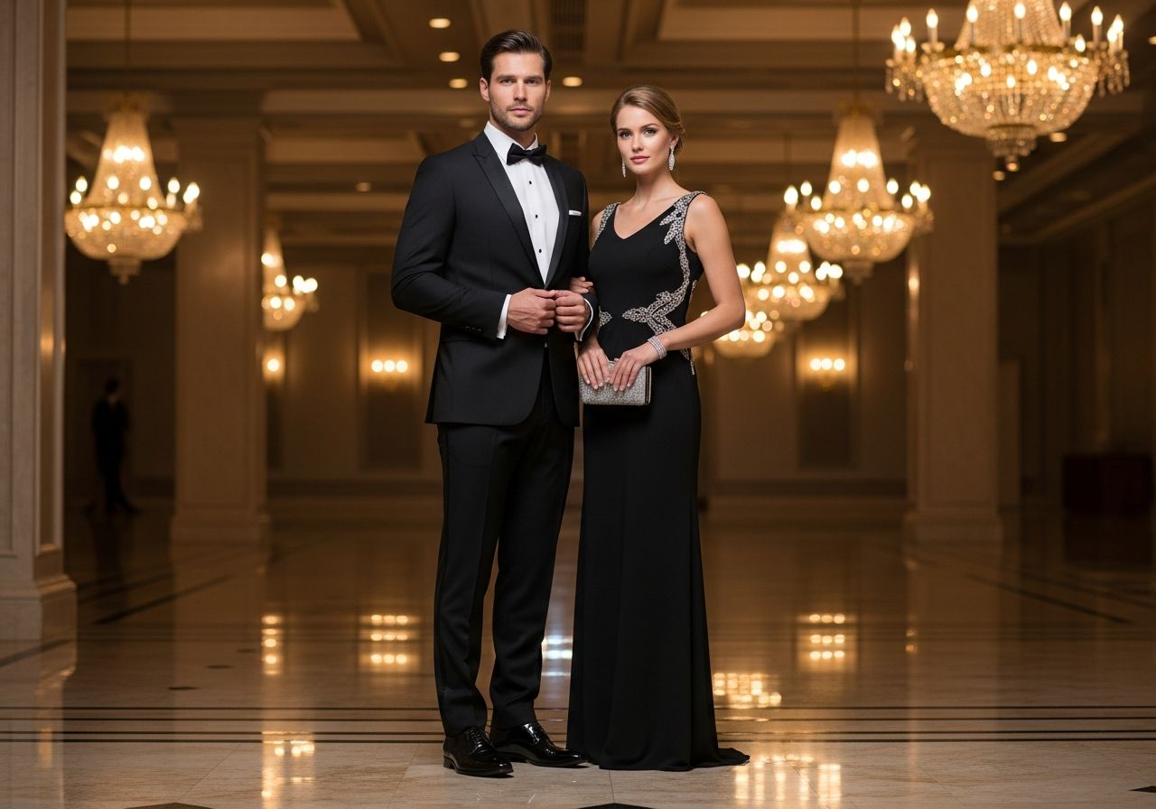 Elegantní pár v černém smokingu a večerních šatech na gala večeru v luxusním sále s lustry a mramorovou podlahou