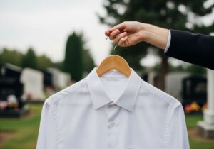 Bílá košile na ramínku držená rukou na pozadí hřbitova v zamračeném dni, smuteční nálada