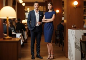 Muž a žena v elegantním oblečení v moderní restauraci během firemní večeře