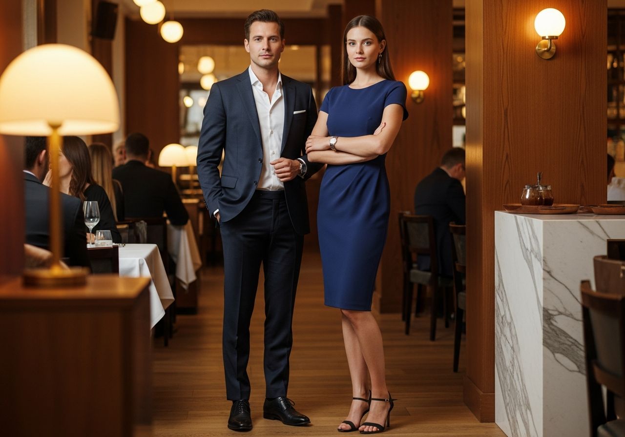 Muž a žena v elegantním oblečení v moderní restauraci během firemní večeře