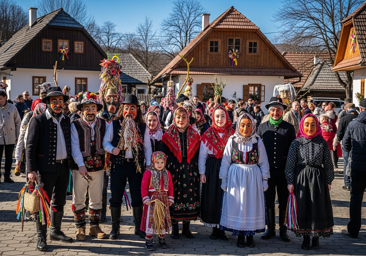Skupina lidí v tradičních mašopustních kostýmech na náměstí s dřevěnými domy za slunného dne
