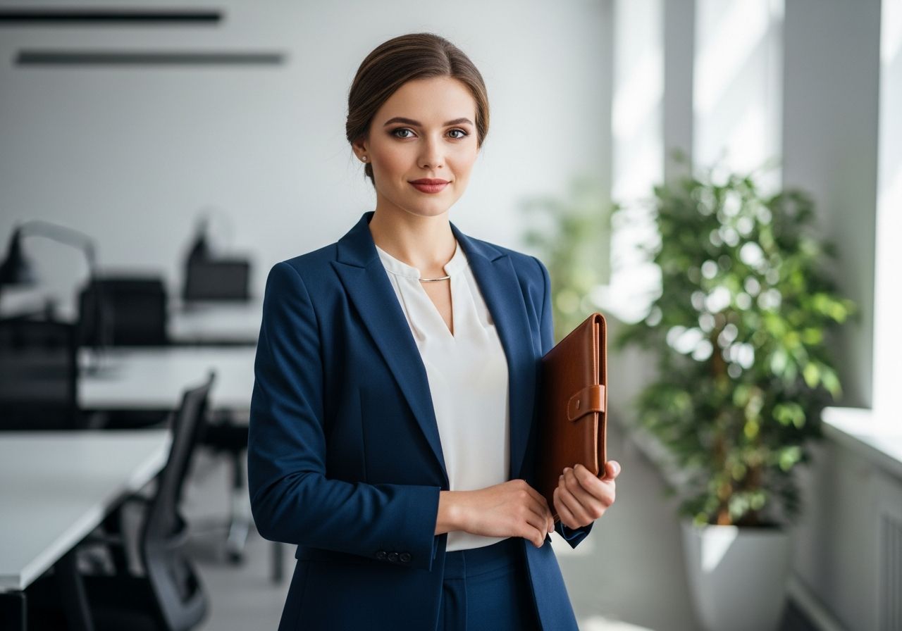 Profesionální žena v modrém obleku držící kožené portfolio v moderní kanceláři