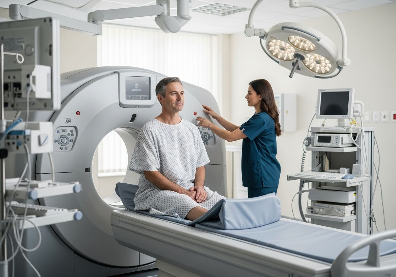 Středního věku pacient sedí v CT skeneru, technik upravuje přístroj v moderní lékařské místnosti.