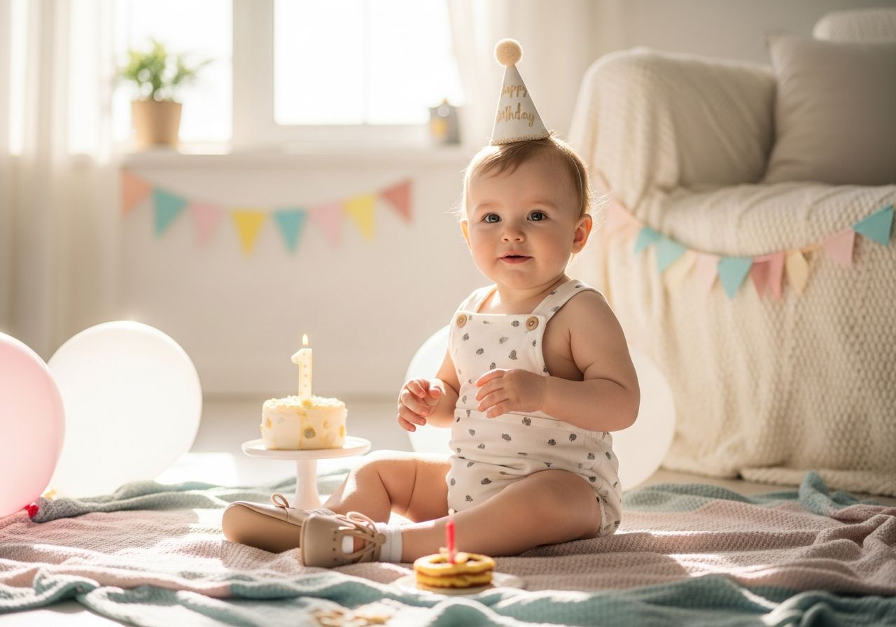 Roztomilé jednoleté dítě v narozeninovém oblečení sedí na pastelové dece u dortu a balónků.