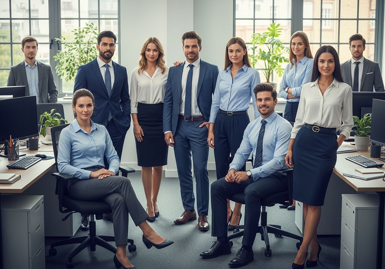 Skupina zaměstnanců v moderní kanceláři ve formálním a smart casual oblečení u pracovních stolů.