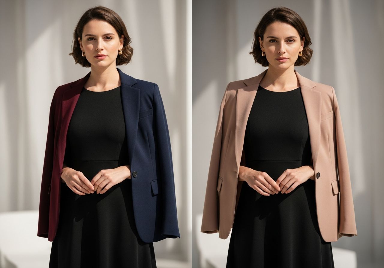 Žena v černých šatech a sako v barvách vína, námořnické modři a béžové na neutrálním pozadí