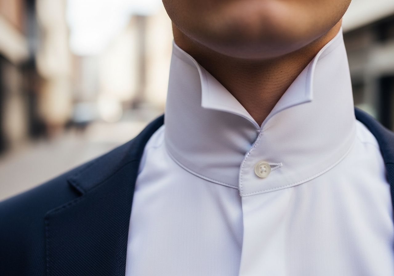 Detailní záběr na límec moderní košile na městském pozadí, zvýrazňující střih a strukturu látky.