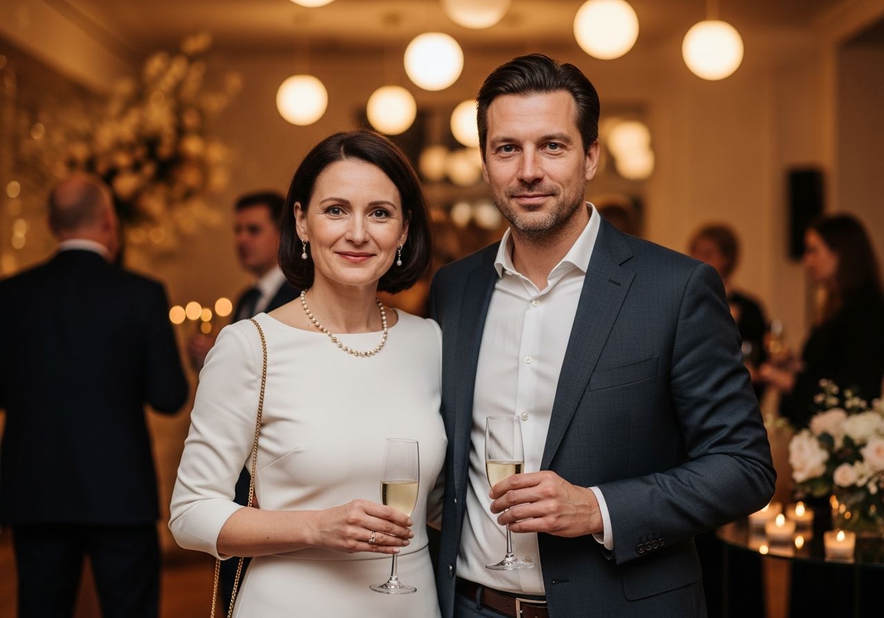 Muži a ženy na elegantní oslavě výročí s šampaňským v ručně zdobeném interiéru.