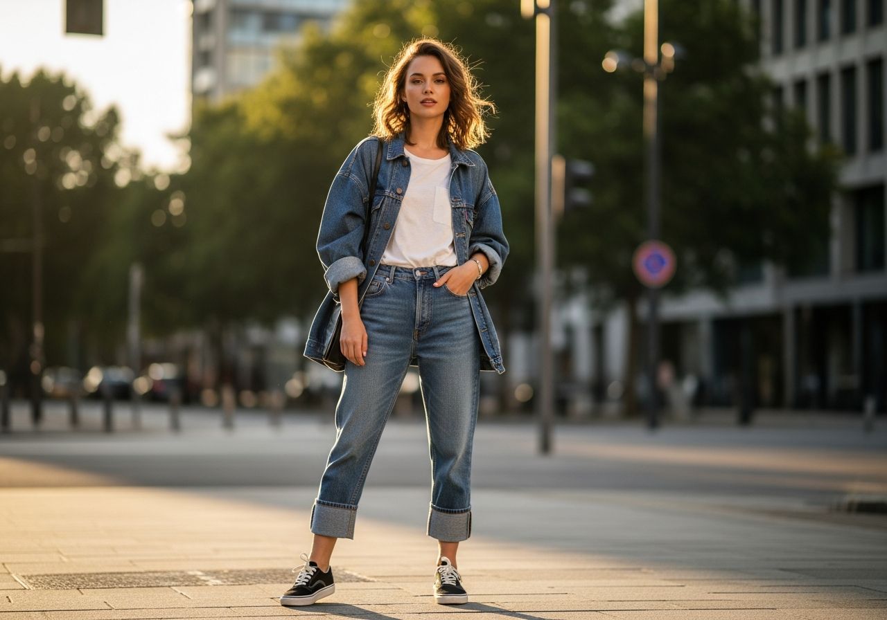 Žena v boyfriend džínech, bílém tričku a oversize džínové bundě na městské ulici za zlaté hodiny.