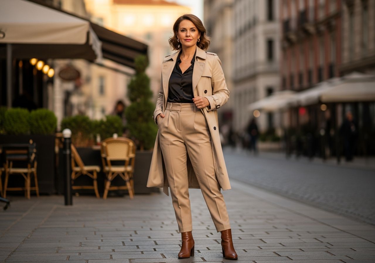 Žena ve stylovém béžovém trenčkotu stojí na městské ulici za zlaté hodiny, romantická atmosféra.