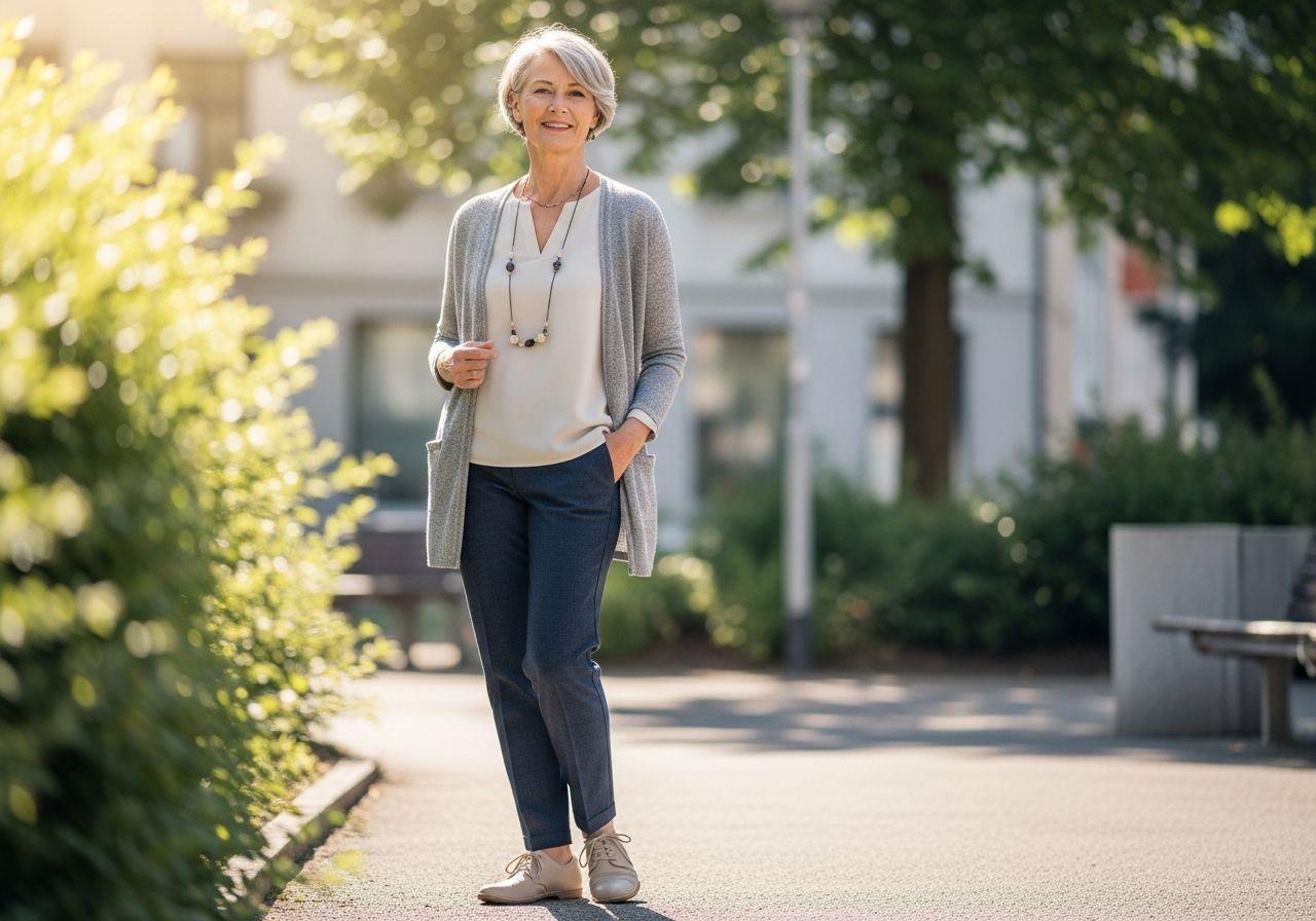 Žena v šedesáti v elegantním oblečení stojí venku v parku za slunečného dne