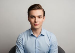 Mladý dospělý v modré košili sedí před neutrálním pozadím s přímým pohledem do kamery.