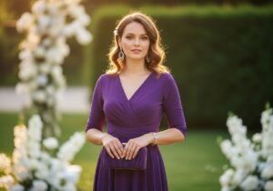 Žena v fialových šatech na svatbě v zahradě s doplňky a vlnitými vlasy za zlaté hodiny.