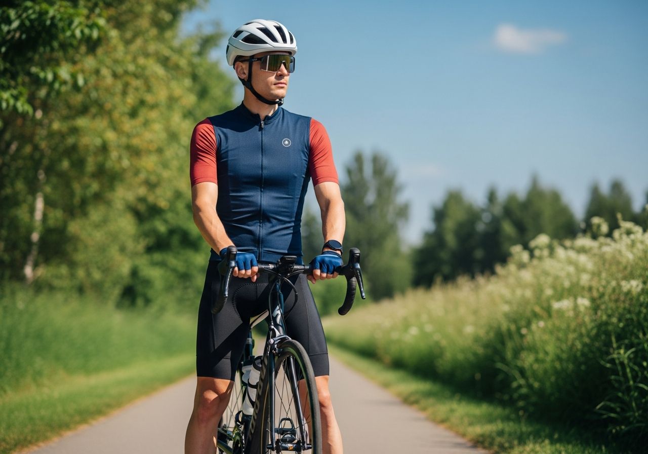 Cyklista v moderním oblečení stojí u silničního kola na slunečné stezce obklopené zelení.