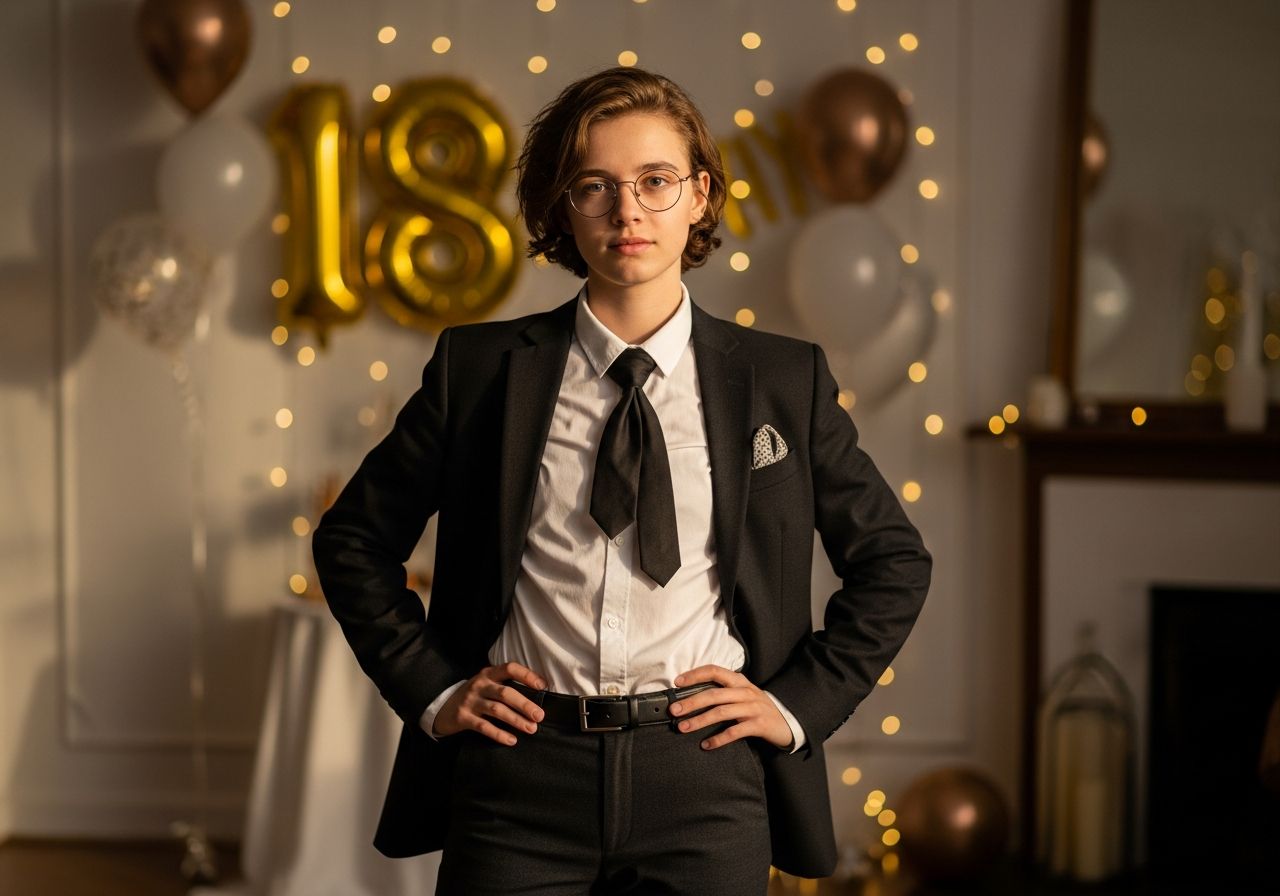 Mladý člověk na osmnáctinové oslavě v elegantním oblečení, ozdoby a světla v pozadí