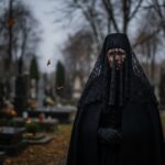 Osoba v tradičním smutečním oblečení na historickém hřbitově s hrobkami za podzimního dne