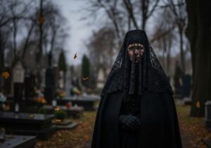 Osoba v tradičním smutečním oblečení na historickém hřbitově s hrobkami za podzimního dne