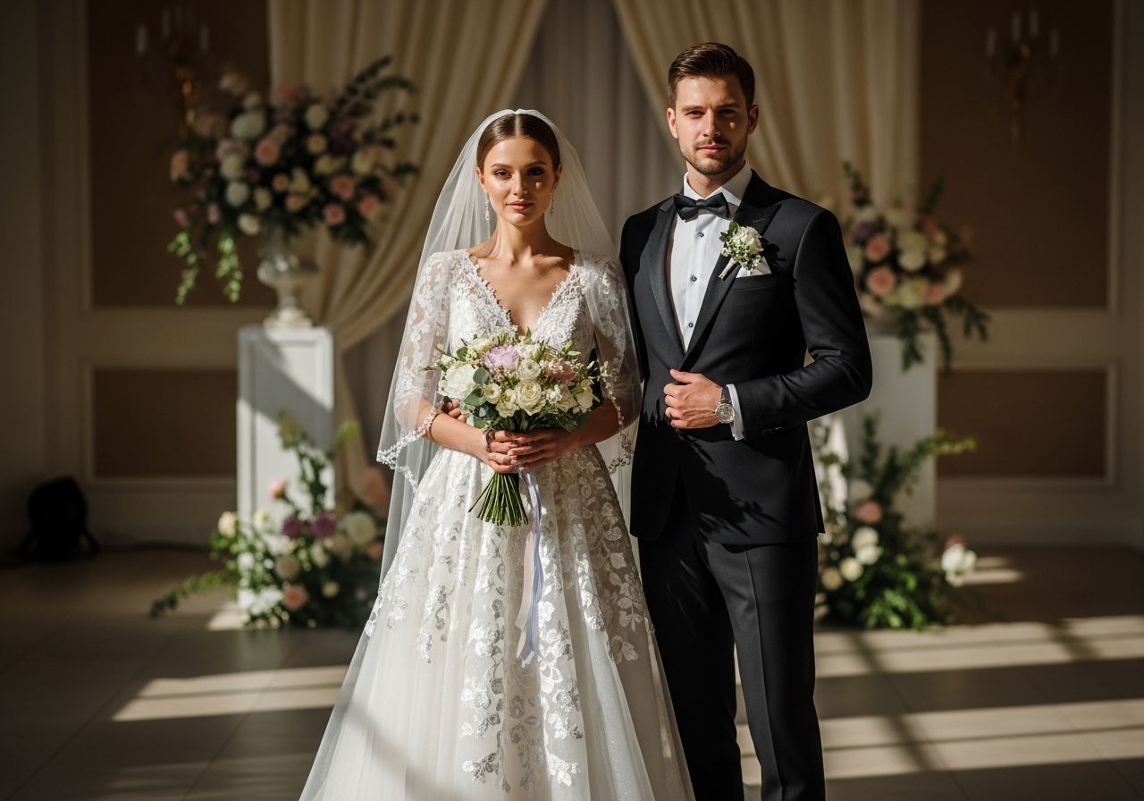 Nevěsta a ženich v elegantním svatebním oblečení v romantickém interiéru s květinovou výzdobou.