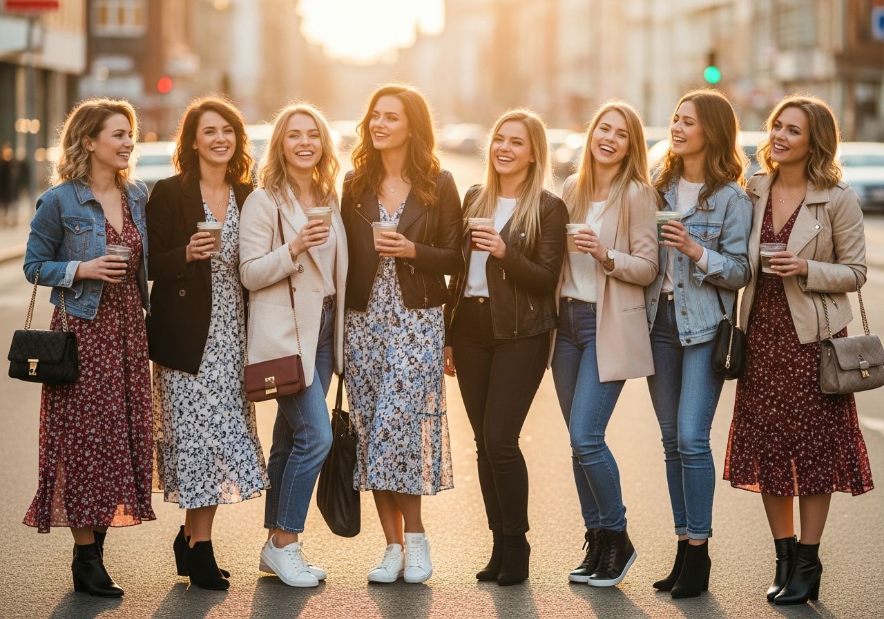 Skupina usměvavých žen ve stylovém oblečení na městské procházce při zlaté hodině