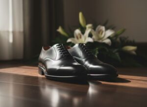Černé lakované pohřební boty na tmavé dřevěné podlaze vedle smuteční květinové výzdoby.