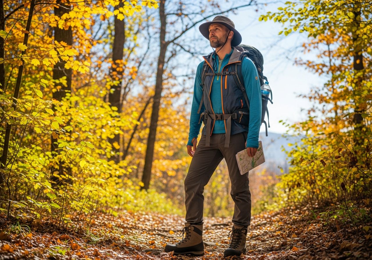 Turista v podzimním lese, oblečený do vrstveného oblečení s batohem a vybavením.