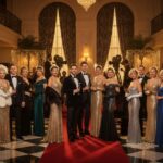 Skupina elegantních lidí na hollywoodské párty s rudým kobercem a vintage filmovými kamerami v pozadí