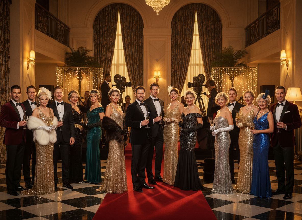 Skupina elegantních lidí na hollywoodské párty s rudým kobercem a vintage filmovými kamerami v pozadí