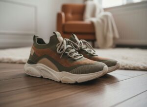 Pár moderních pohodlných tenisek na dřevěné podlaze v přirozeném světle s rozmazaným pozadím.