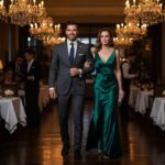 Elegantní pár vstupuje do hotelové restaurace s teplým osvětlením a upraveným interiérem večer.