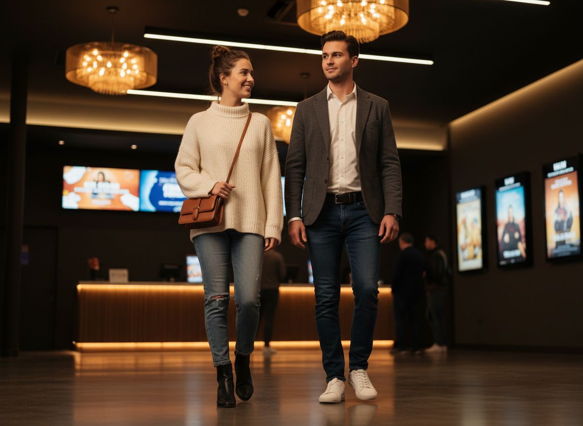Mladý pár v moderním kině, oblečený ve smart casual, vstupuje do haly s měkkým osvětlením.