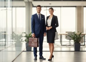Mladý muž a žena v kanceláři připraveni na pracovní pohovor, oblečeni formálně, přirozené světlo.