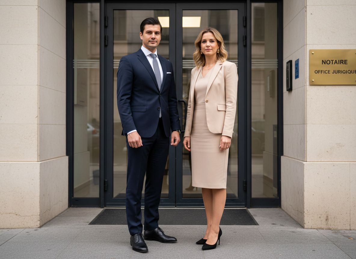 Muž a žena v elegantním oblečení před moderní vchodem do notářské kanceláře.