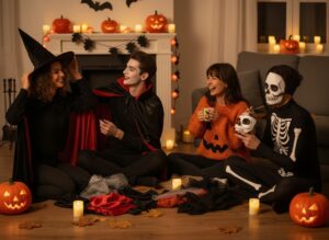 Skupina mladých lidí v obýváku připravuje kostýmy na Halloween s dekoracemi a dýněmi.