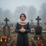 Mladá žena drží svíčku na Dušičky v mlhavém hřbitově mezi rozmazanými náhrobky a hořícími svíčkami.