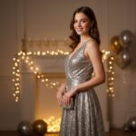 Mladá žena v stříbrných šatech připravující se na Silvestra v elegantní místnosti s dekoracemi.