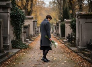 Žena v tmavém kabátu a sukni stojí na hřbitově s kyticí bílých květin.